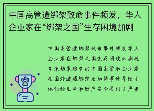 中国高管遭绑架致命事件频发，华人企业家在“绑架之国”生存困境加剧